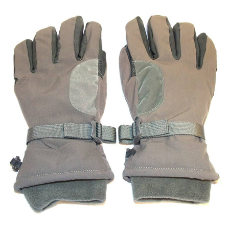 A pair of insulated winter gloves in a taupe-brown color with dark gray fingertips, thumb areas, and wrist straps, shown against a plain white background.
