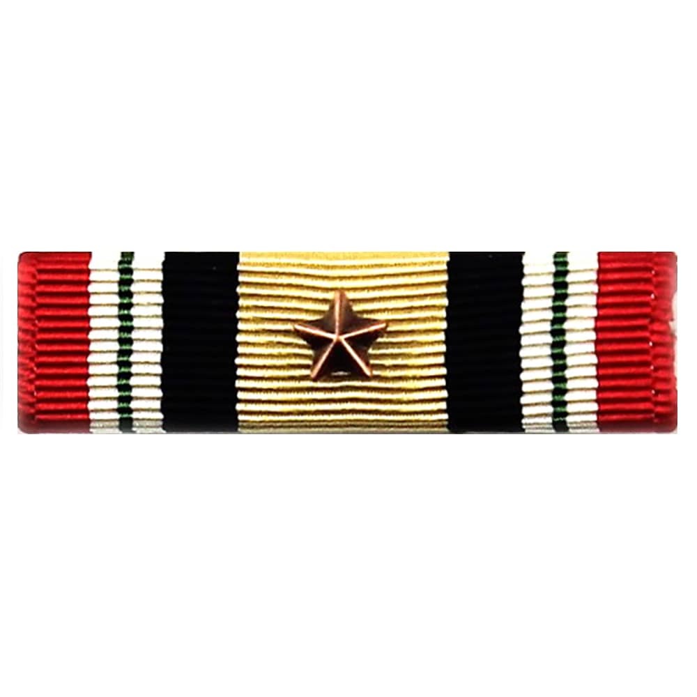 Iraq Campaign Medal Ribbon with a central bronze star, featuring horizontal stripes of gold, black, and red with thin green and white accent stripes, on a plain white background.