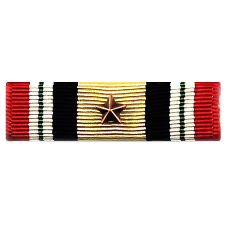 Iraq Campaign Medal Ribbon with a central bronze star, featuring horizontal stripes of gold, black, and red with thin green and white accent stripes, on a plain white background.