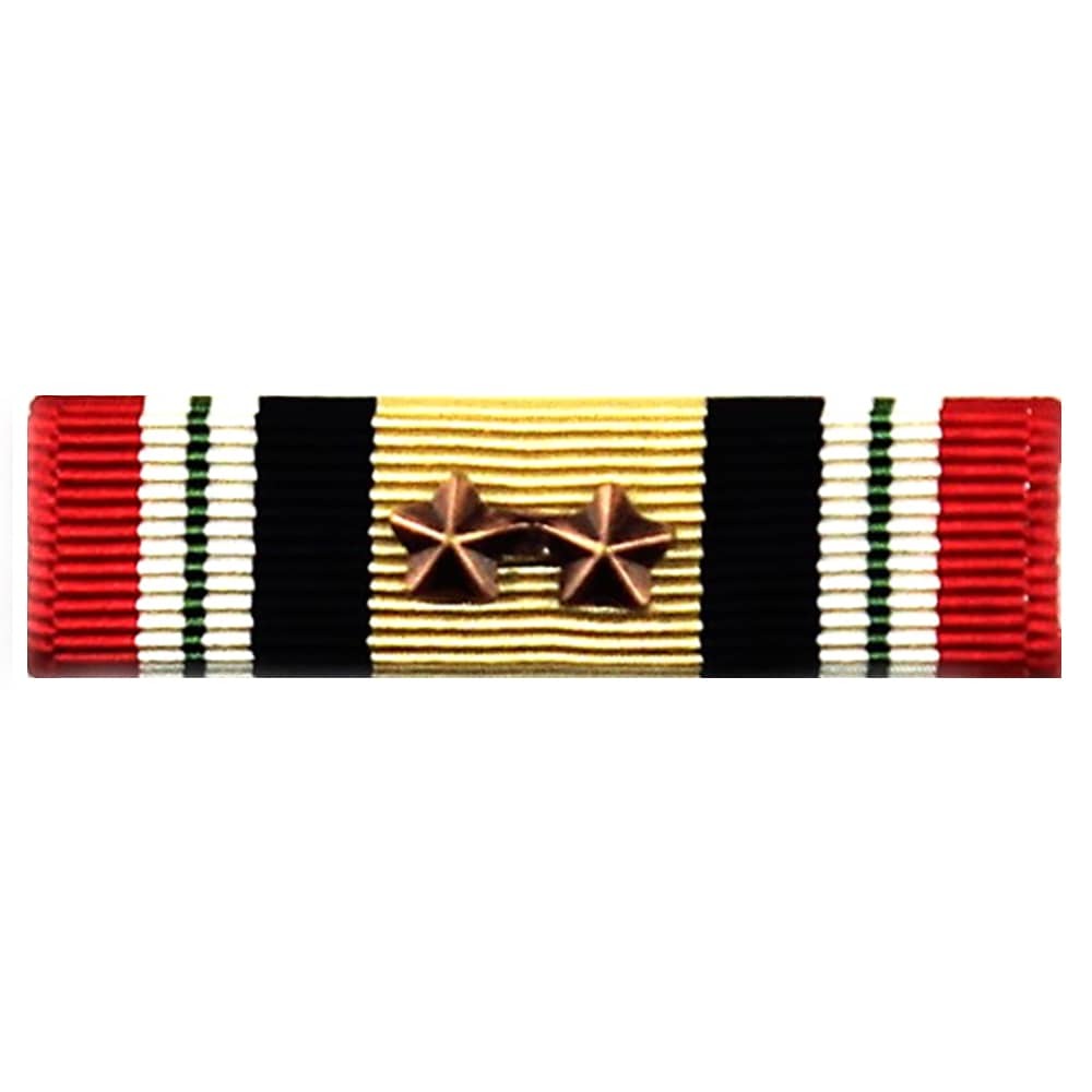 Iraq Campaign Medal Ribbon featuring a central gold stripe flanked by black, red, and white stripes, with two bronze star insignias in the center, shown on a plain white background.