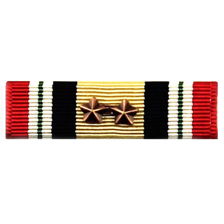 Iraq Campaign Medal Ribbon featuring a central gold stripe flanked by black, red, and white stripes, with two bronze star insignias in the center, shown on a plain white background.