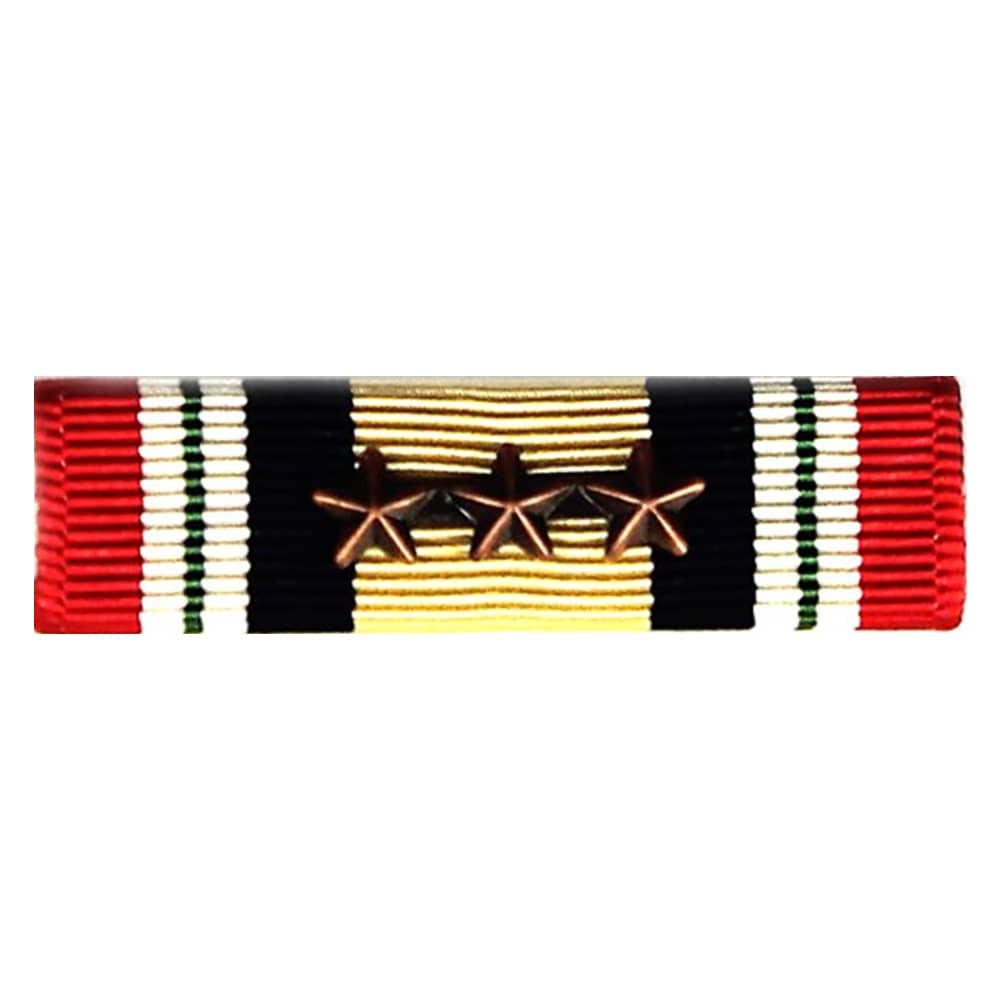 Iraq Campaign Medal Ribbon with three stars, featuring red, white, black, and gold stripes with green accents, set against a plain white background.
