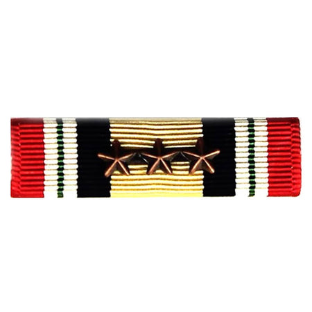 Iraq Campaign Medal Ribbon with three stars, featuring red, white, black, and gold stripes with green accents, set against a plain white background.