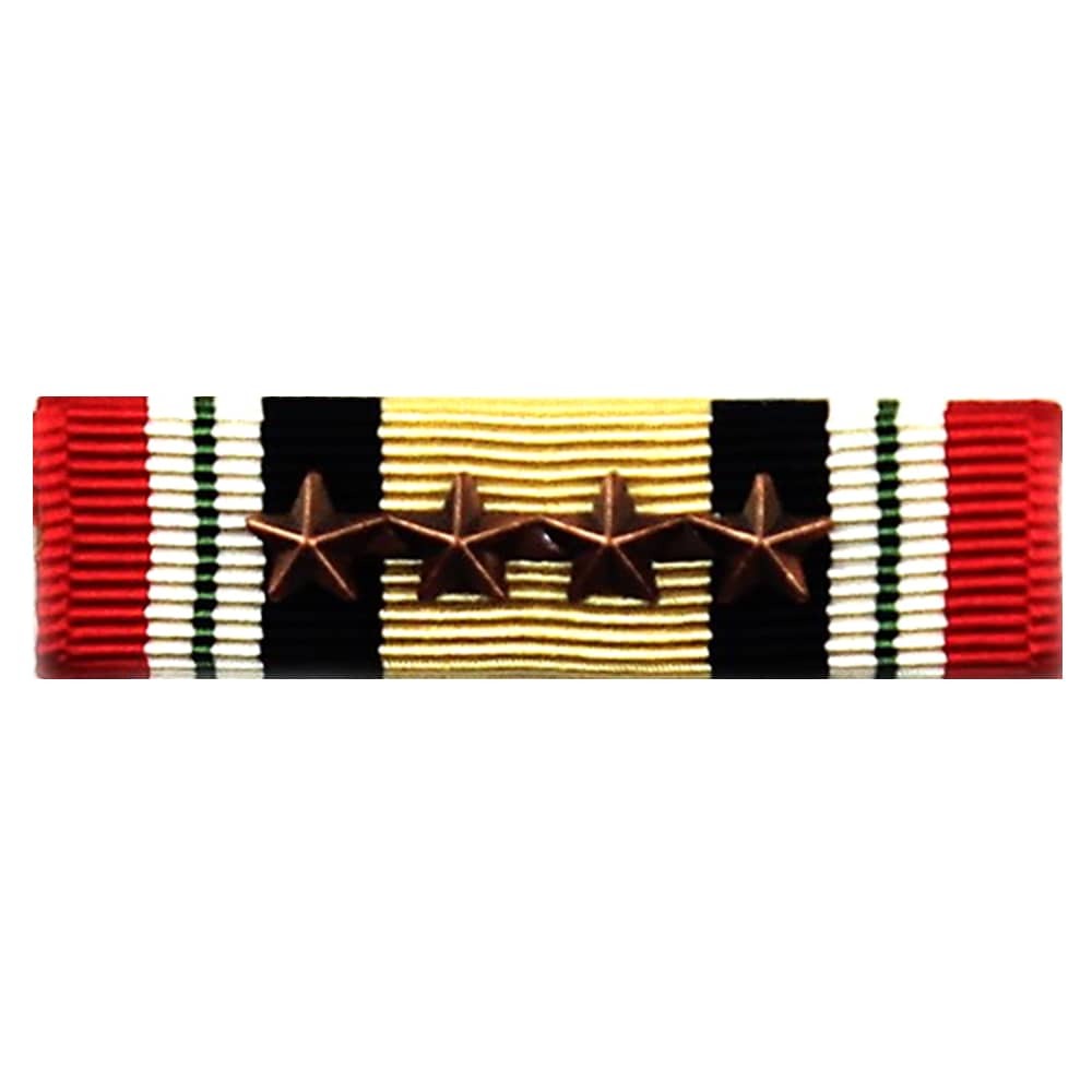 Iraq Campaign Medal Ribbon with four bronze stars, featuring red, white, black, and gold stripes with green accents, set against a plain white background.