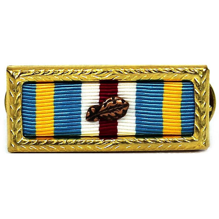 Joint Meritorious Unit Award Citation with Awards Assembled with a textured gold-tone frame, featuring blue, yellow, white, and red stripes with a central brown leaf emblem, shown on a plain white background.