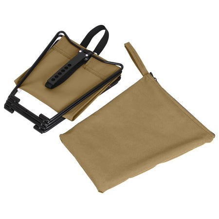 Lightweight Coyote Brown Folding Camp Stool folded near bag