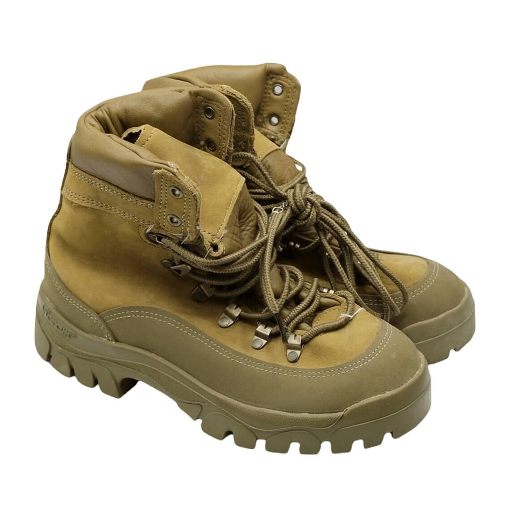 A pair of olive green tactical combat boots with thick laces and rugged soles, shown on a plain white background.