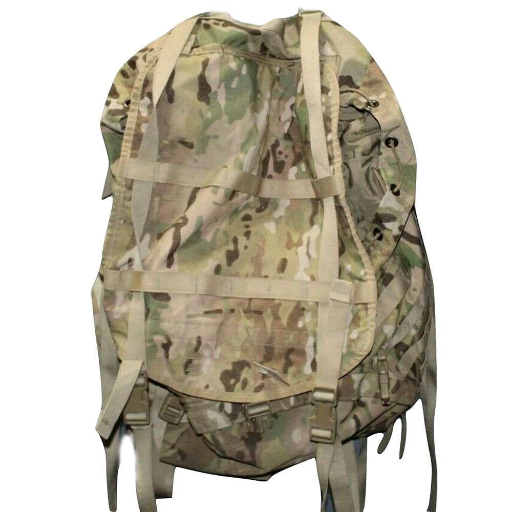 A large tactical backpack in a multi-terrain camouflage pattern, featuring beige webbing straps and buckles, shown against a plain white background.