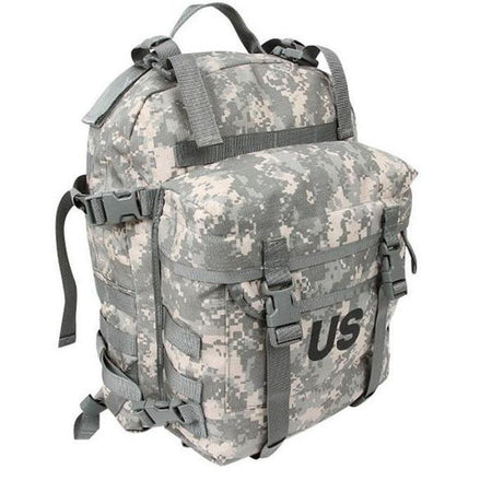 A tactical military-style backpack in digital camouflage pattern, featuring gray straps, buckles, and a prominent black 'US' logo on the front pocket, set against a plain white background.