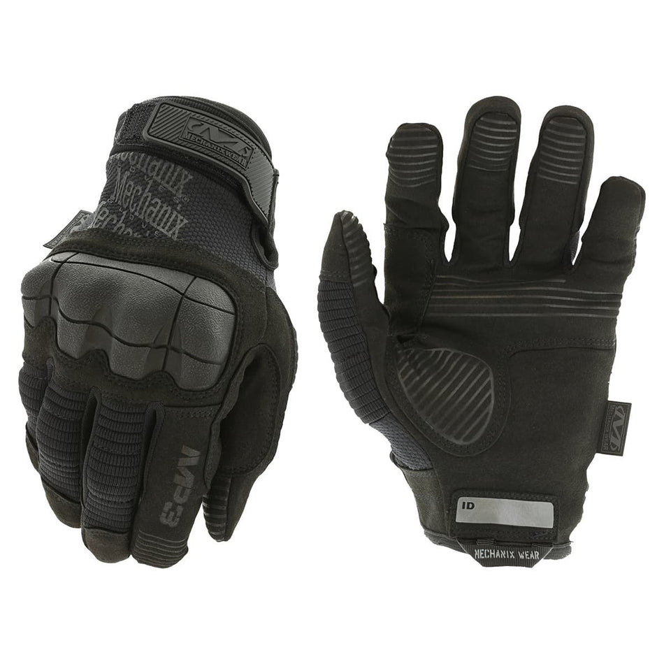 A pair of black Mechanix Wear tactical gloves shown against a plain white background, displaying both the palm and back-of-hand views.
