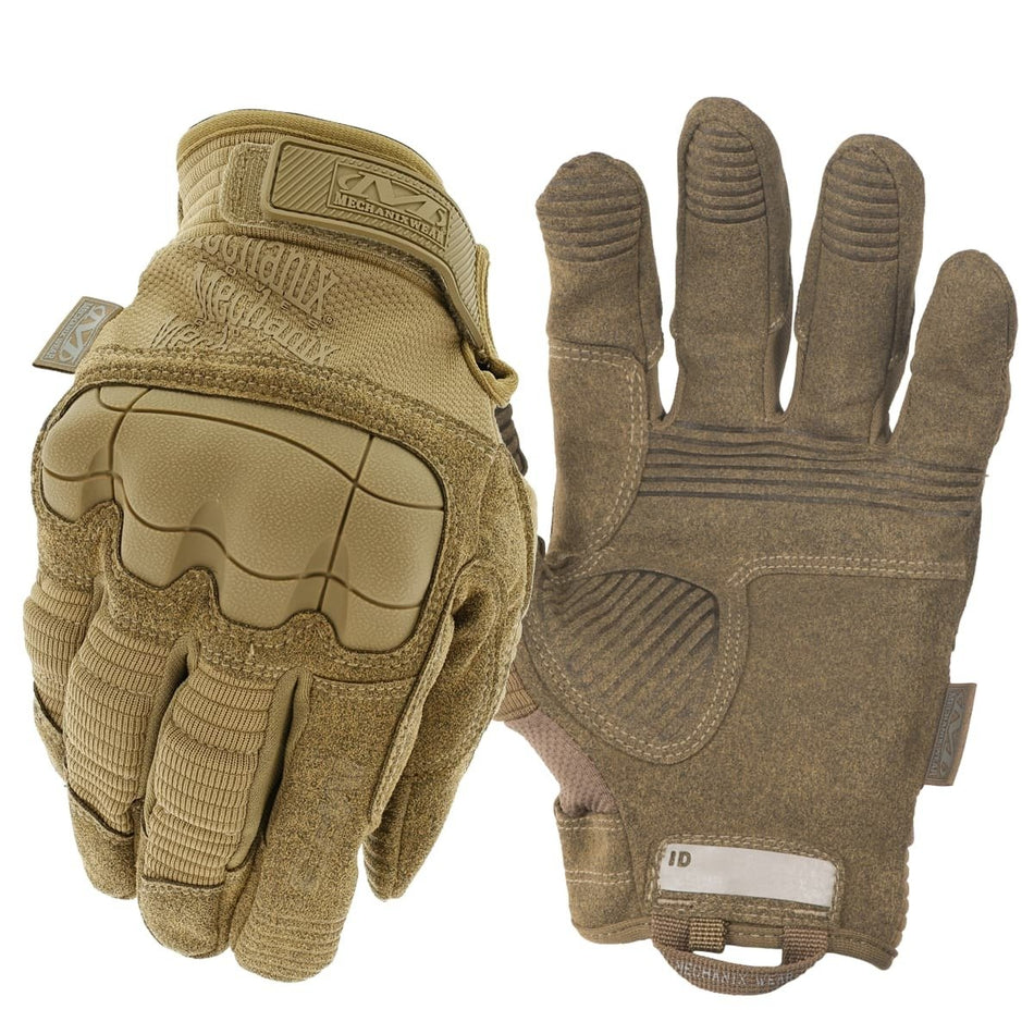 A pair of Mechanix Wear M-Pact 3 Tactical Work Gloves shown front and back on a plain white background. The left glove is shown from the front, featuring tan and coyote brown panels with a hook-and-loop strap closure.