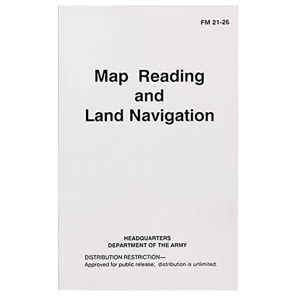 A white rectangular booklet cover titled 'Map Reading and Land Navigation' with black text, including the code 'FM 21-26' at the top right and 'Headquarters Department of the Army' near the bottom.