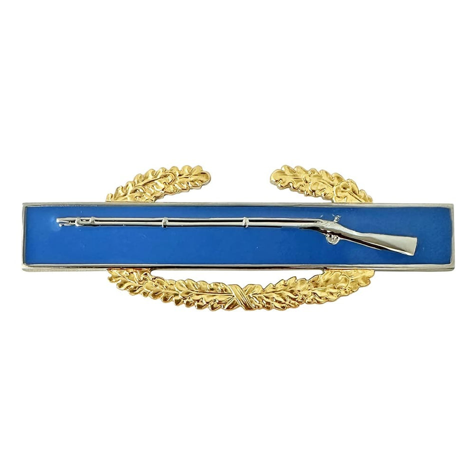 Master Combat Infantry Badge CIB - 1st Award Gold Full Size with blue background, gold laurel wreaths, and silver rifle design on a white background