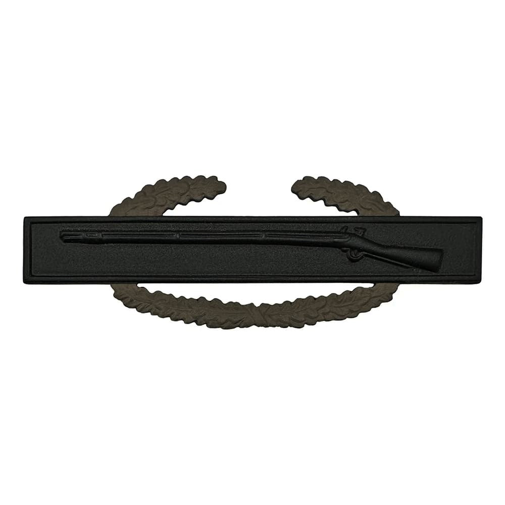 Master Combat Infantry Badge CIB a Black military insignia bar with rifle and wreath design on a white background