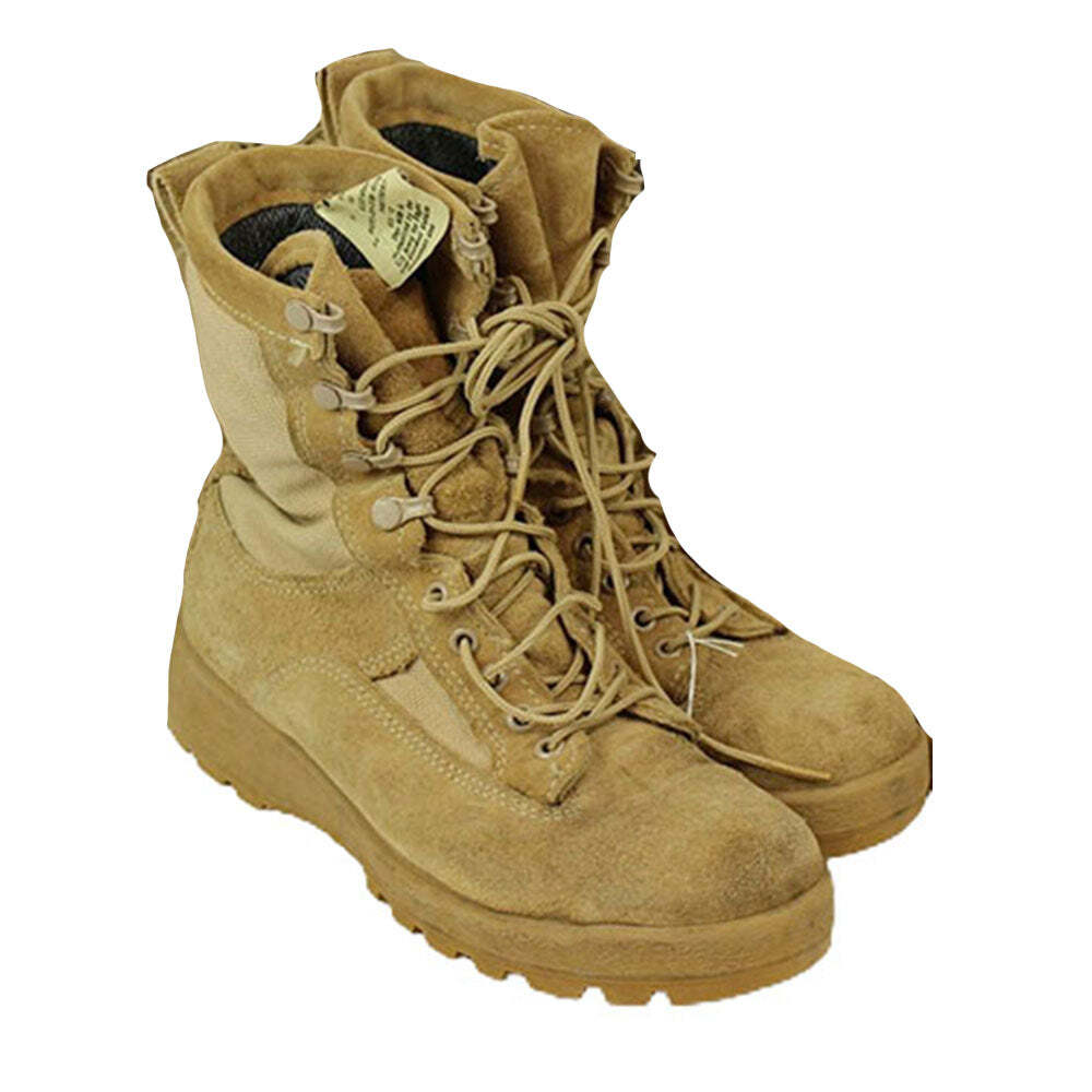 A pair of tan tactical combat boots with laces, shown on a plain white background.