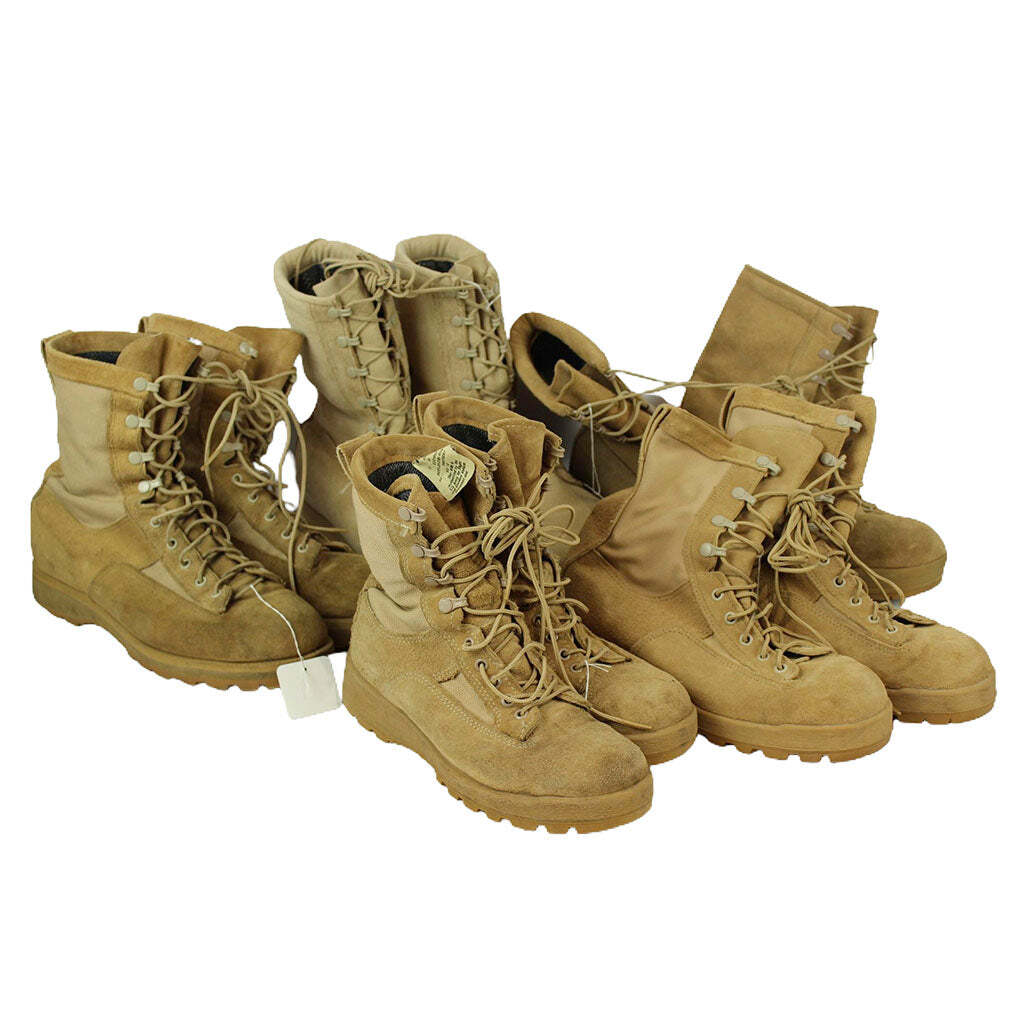 A set of tan suede military combat boots and lace-up ankle boots arranged together on a plain white background.