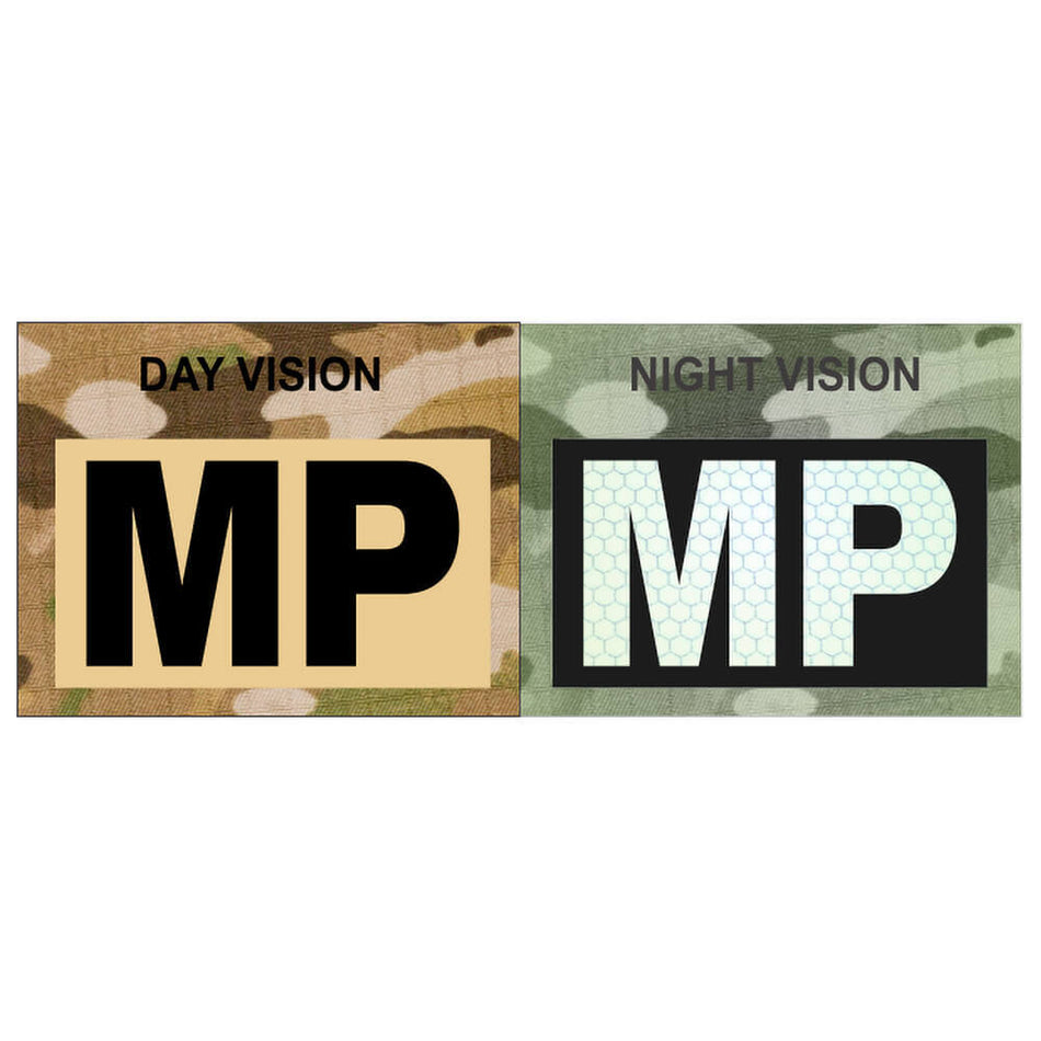 A side-by-side comparison of two rectangular 'MP' decals with camouflage backgrounds. The left decal is labeled 'DAY VISION' and features a tan/beige background with black 'MP' lettering.
