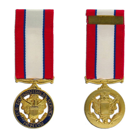 Front and back views of a US Army For Distinguished Service Medal with a red, white, and blue ribbon and gold-tone hardware, displayed on a solid white background.