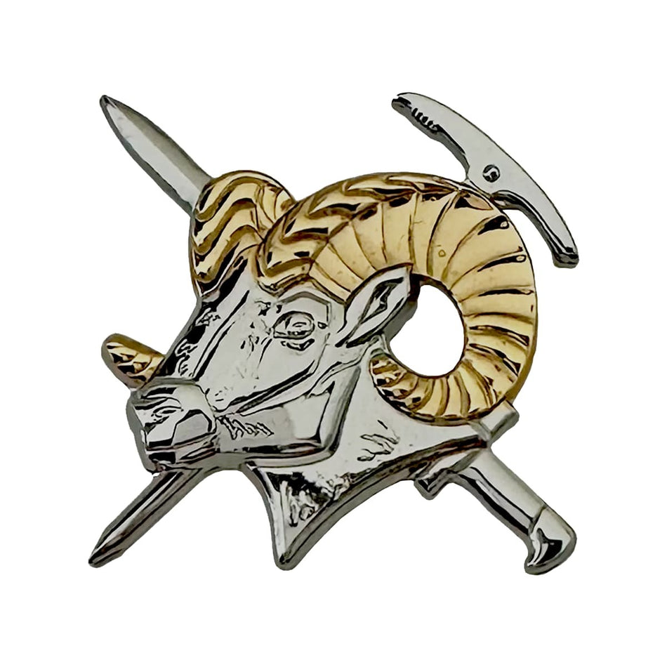 Metallic ram head badge with gold and silver colors on a white background