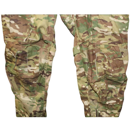 A pair of camouflage tactical pants shown flat against a white background, displaying the front and back leg views with multiple cargo pockets.