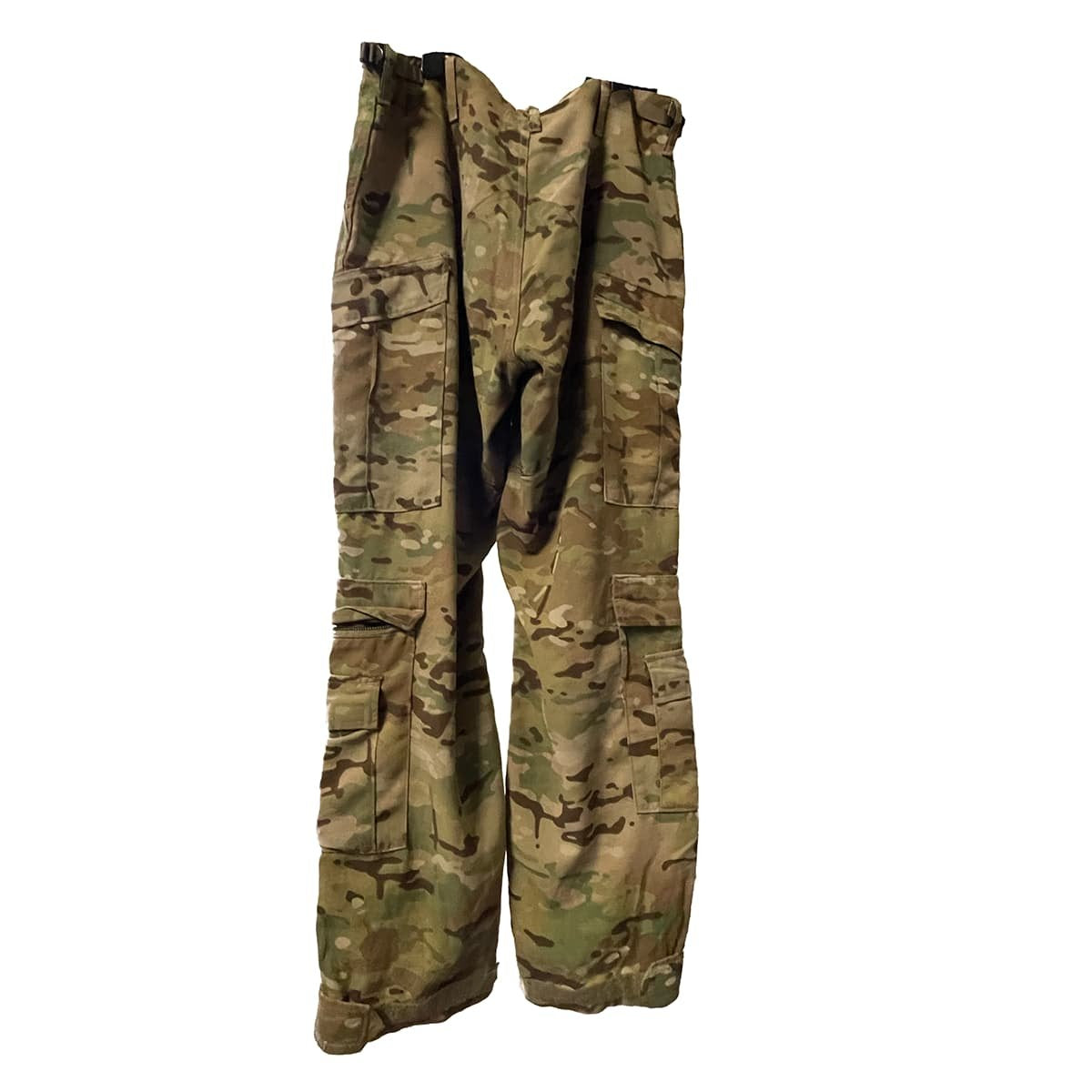 A pair ofUSGI Multicam Aircrew Combat Trousers in a multi-terrain camouflage pattern, featuring a waistband with belt loops and multiple flap pockets, shown against a plain white background.