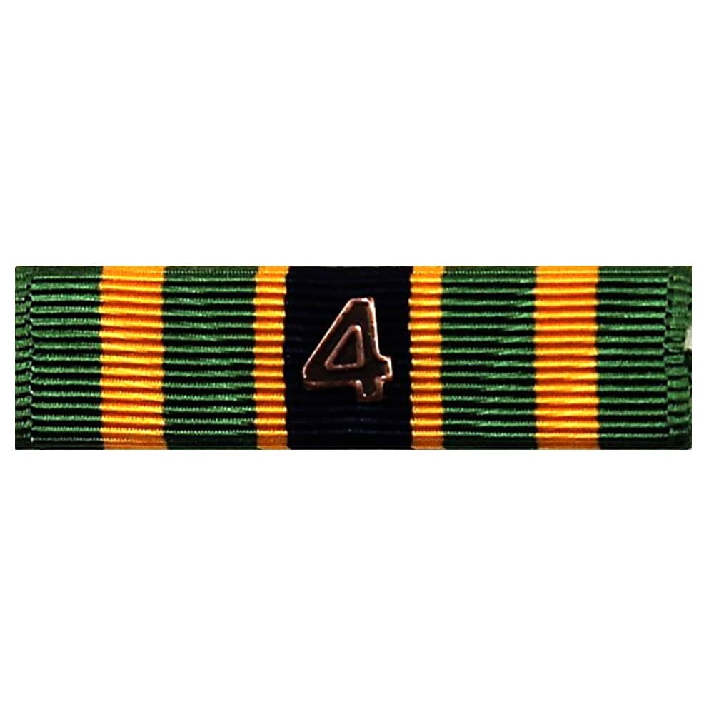 A military ribbon bar featuring vertical stripes of green, black, and gold, with a gold-colored metal number '4' in the center.