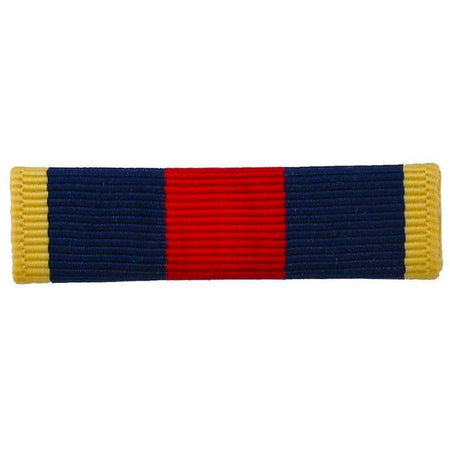 A military ribbon bar with a central red stripe, flanked by navy blue stripes, and finished with yellow borders on both ends, shown against a plain white background.