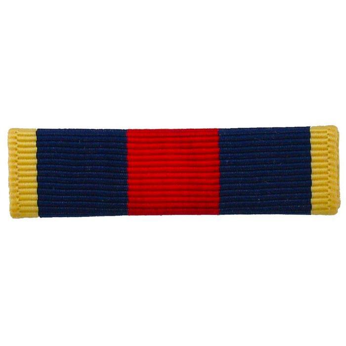 A military ribbon bar with a central red stripe, flanked by navy blue stripes, and finished with yellow borders on both ends, shown against a plain white background.
