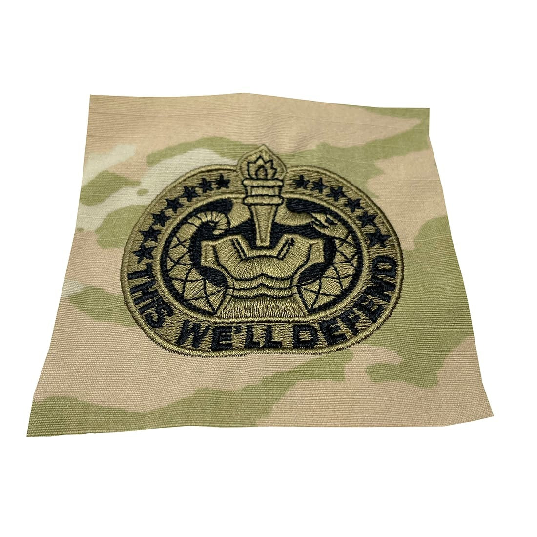 Army Drill Sergeant Badge with a design and text on a camouflage background