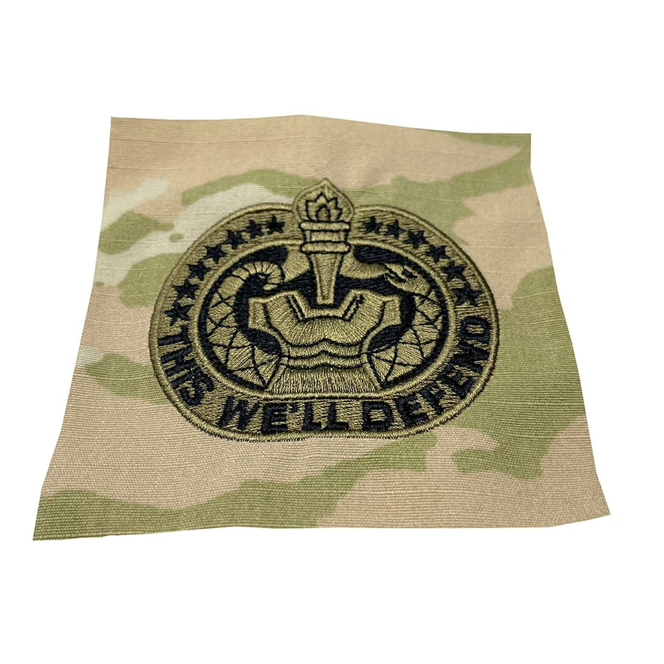 Army Drill Sergeant Badge with a design and text on a camouflage background