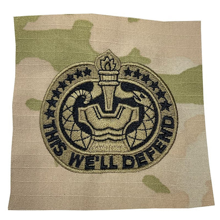 Army Drill Sergeant Badge with a design and text on a camouflage background
