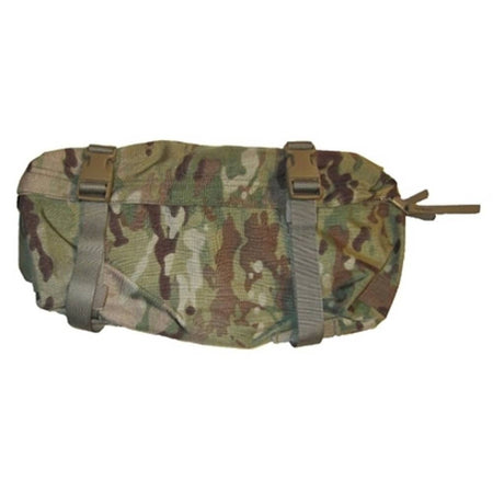 A tactical camouflage pouch with gray webbing straps and brown plastic buckles, shown against a plain white background.
