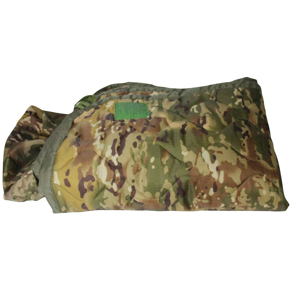 A camouflage military-style sleeping bag or padded bag shown folded on a plain white background. The fabric has a multi-terrain camo pattern in green, brown, tan, and black, with a small green rectangular label near the top.