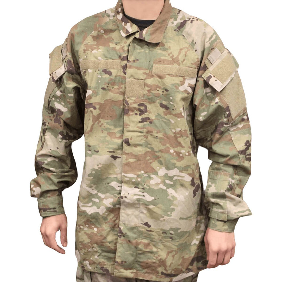 Army IHWCU Jacket Improved Hot Weather Combat Uniform Top in a OCP camouflage pattern, shown on a model against a plain white background.