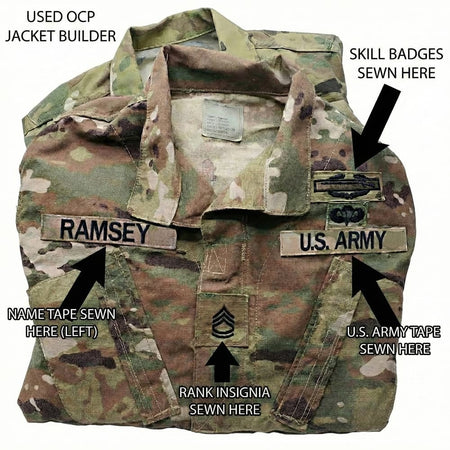 Used OCP military jacket with various patches and text labels indicating customization options.