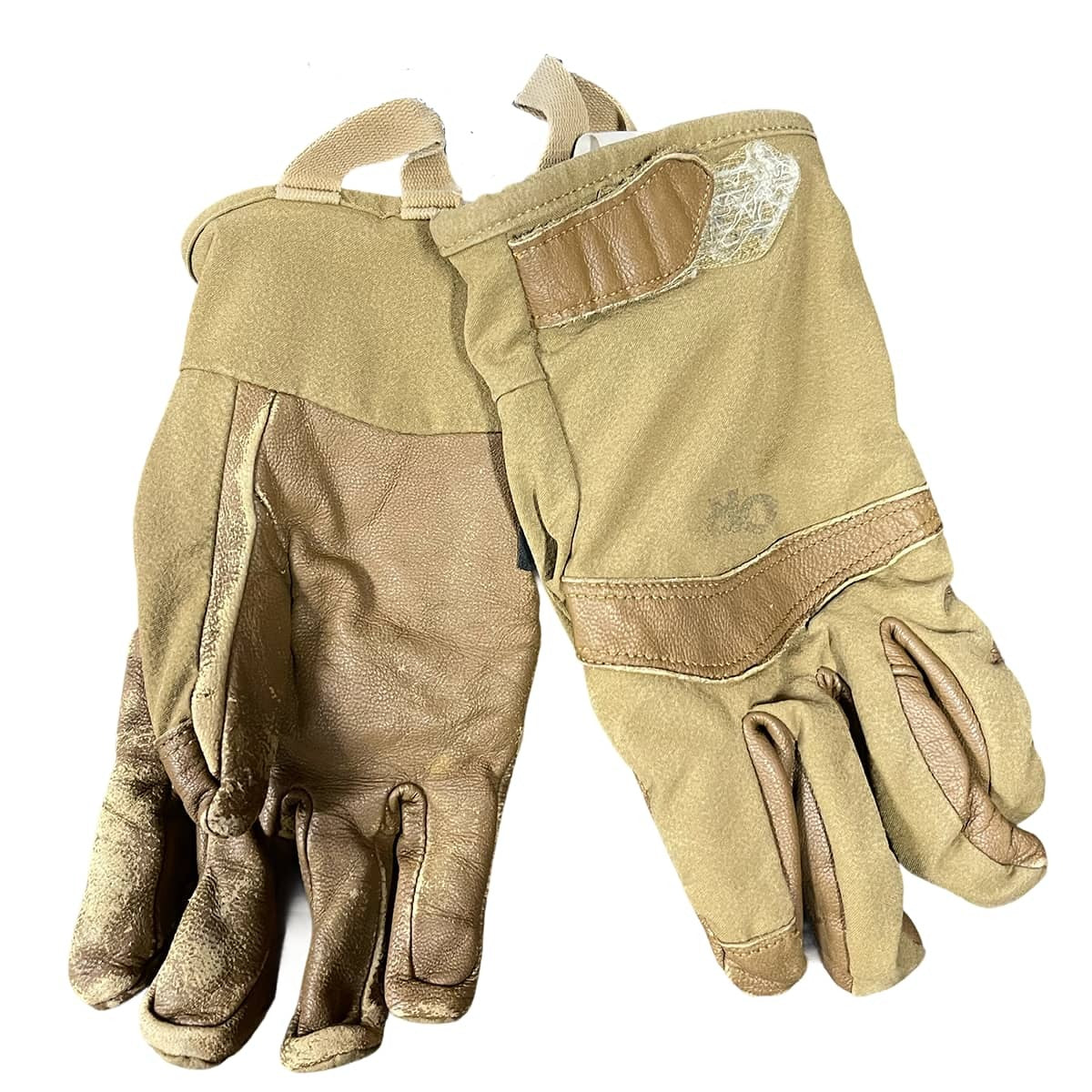 Pair of tan gloves with a brand logo on a white background