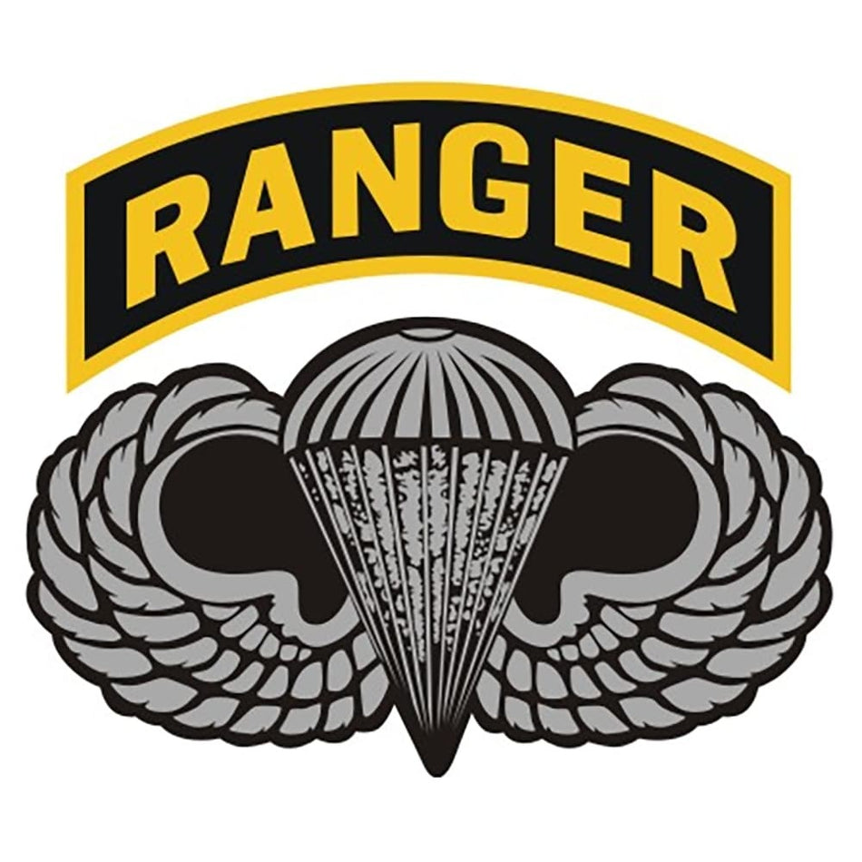 Ranger tab with parachute emblem on a white background