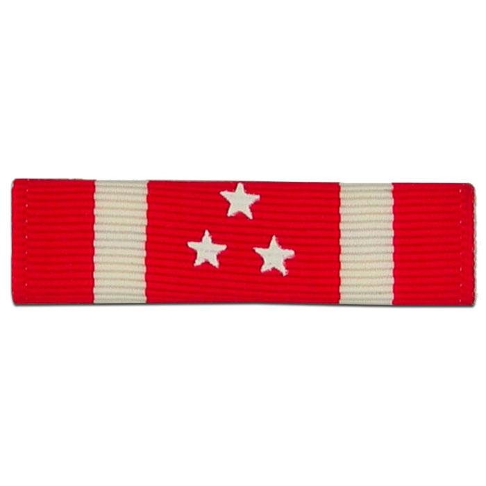 A red ribbon bar with two vertical off-white stripes and three off-white stars in the center, shown on a plain white background.