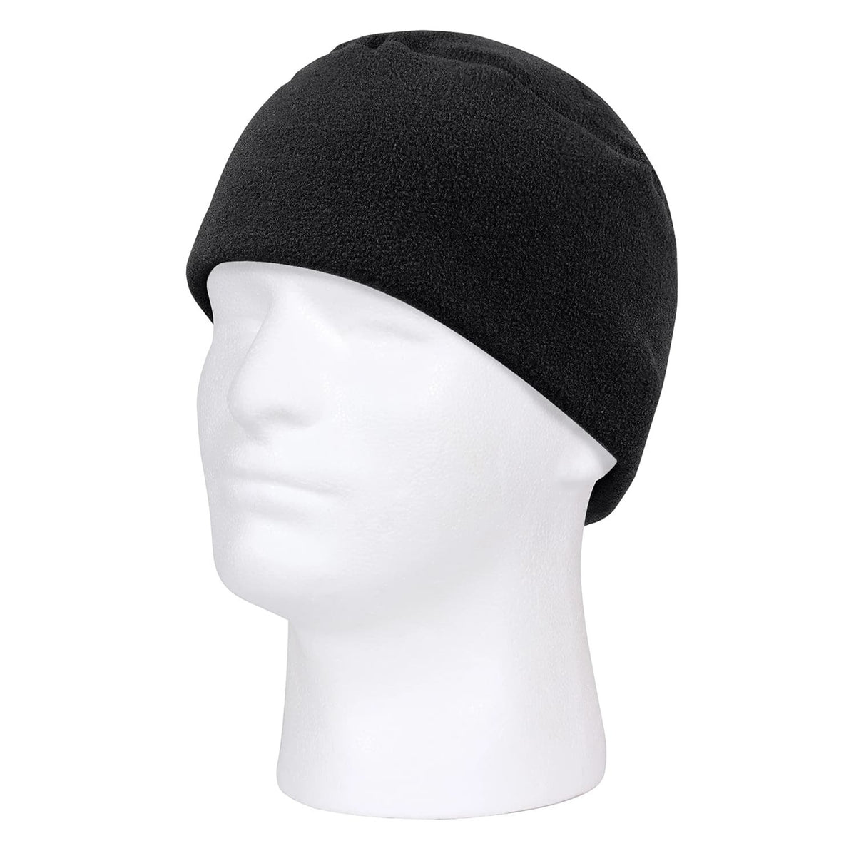Black beanie on a white mannequin head against a white background