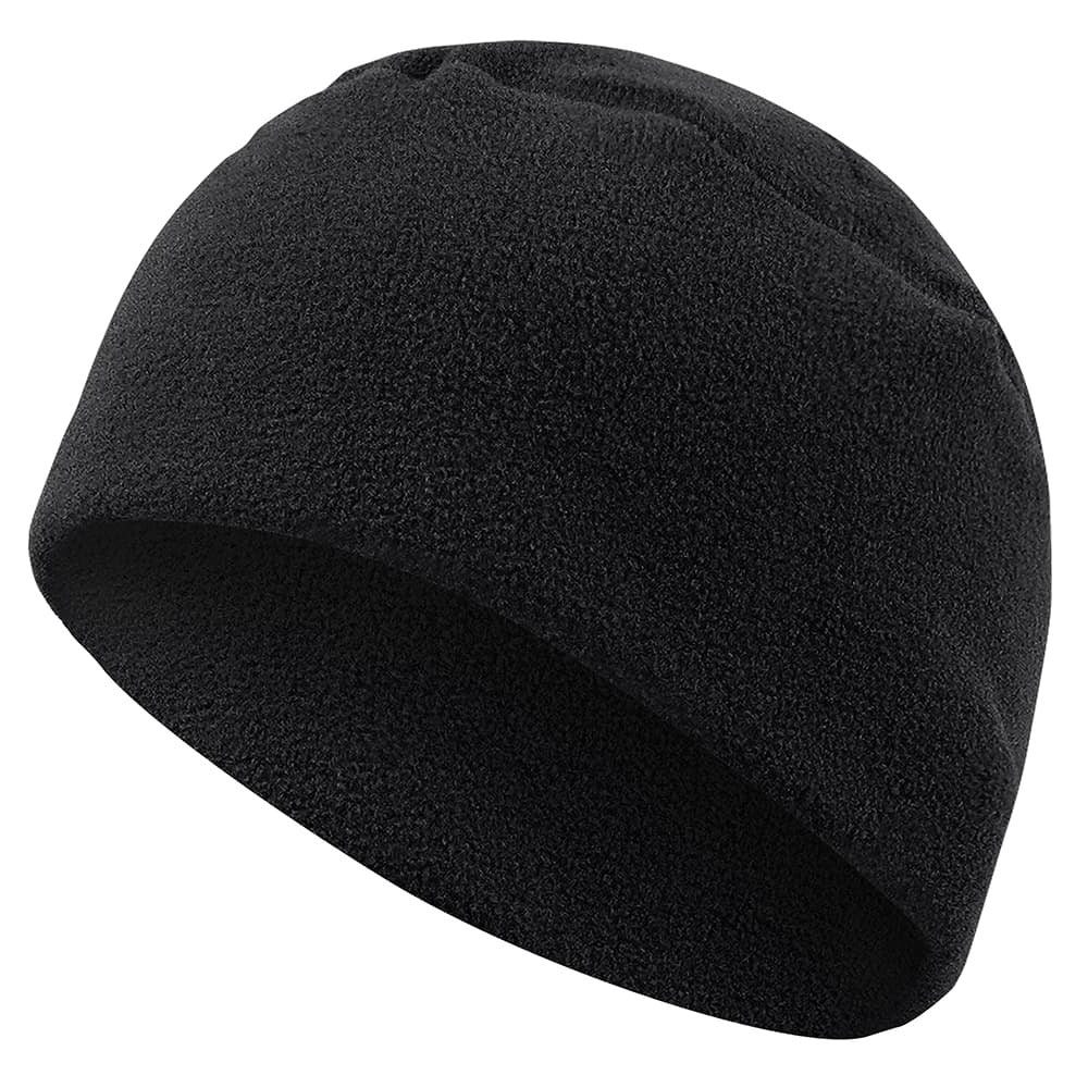 Black fleece beanie on a white background