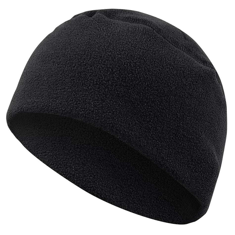 Black fleece beanie on a white background