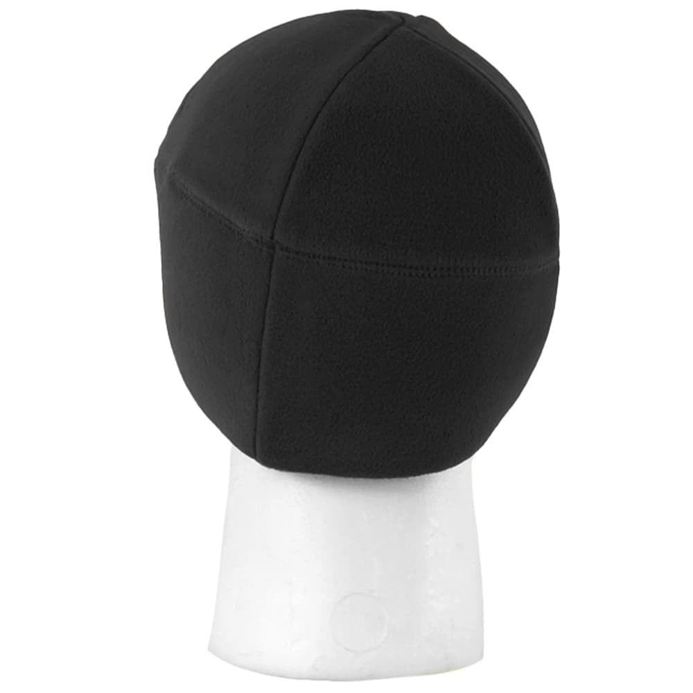 Black skull cap on a white mannequin head against a white background