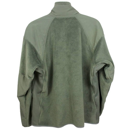 An olive green fleece pullover jacket with contrasting solid fabric shoulder panels and a high mock neck collar, shown from the back on a white background.