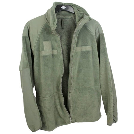 An olive green fleece zip-up jacket with a high collar, displayed on a black hanger against a plain white background.