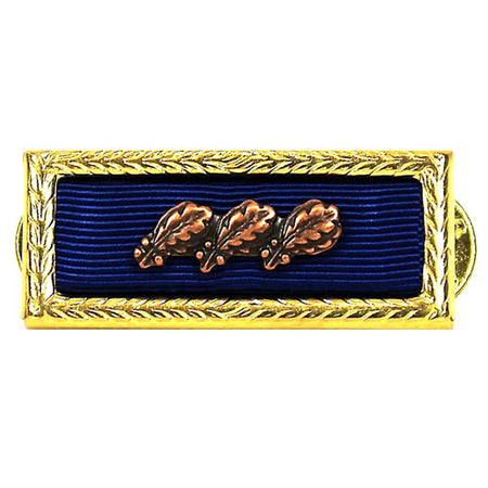 Presidential Unit Citation Ribbon featuring three oak leaves on a dark blue ribbed ribbon background, enclosed in a gold border with a textured rope-like edge.