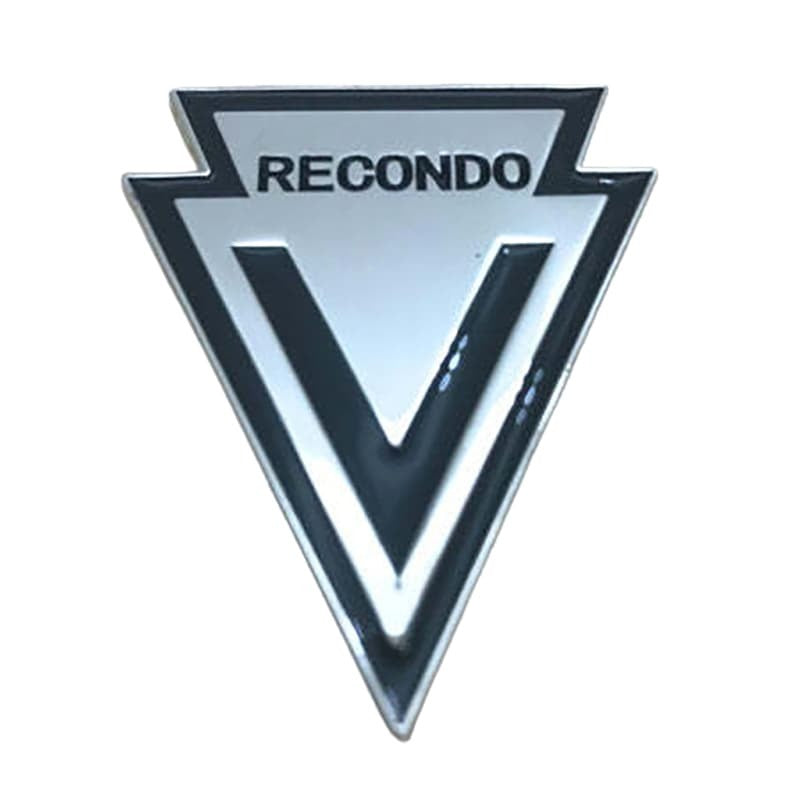 A chrome and black triangular emblem with the word 'RECONDO' across the top and a large stylized V in the center, shown on a plain white background.