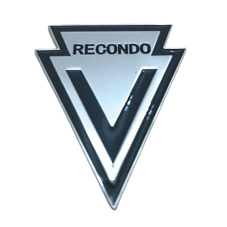 A chrome and black triangular emblem with the word 'RECONDO' across the top and a large stylized V in the center, shown on a plain white background.
