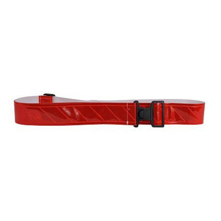 A red reflective safety belt with a black plastic buckle, shown horizontally against a plain white background.