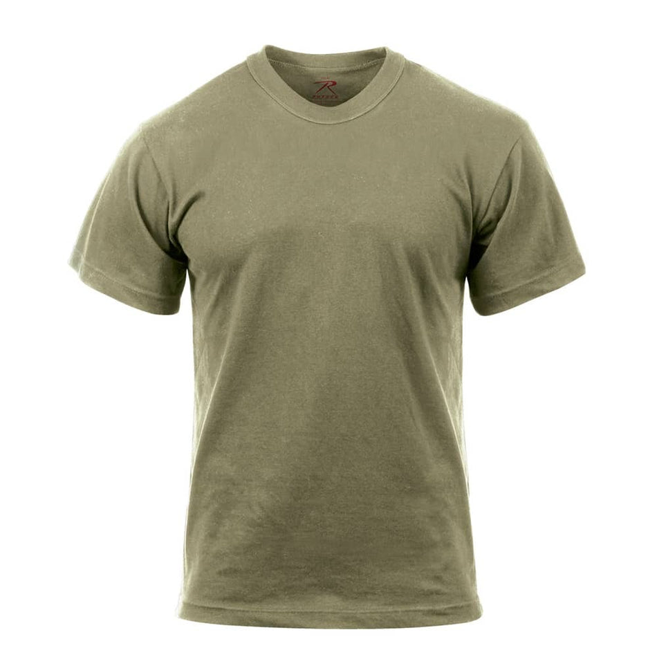 A short-sleeve crewneck t-shirt in olive green, shown on a clean white background.