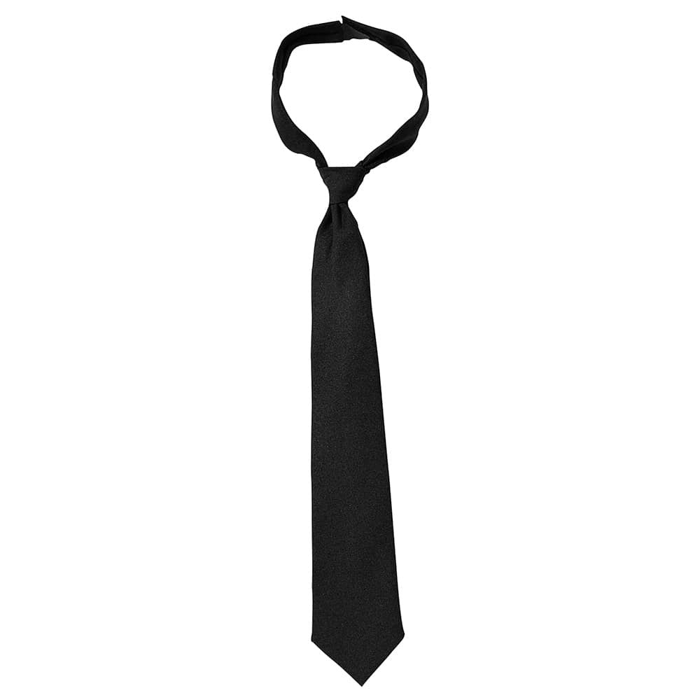 A classic black necktie with a textured fabric finish, shown flat against a solid white background.